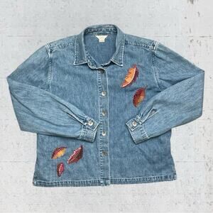 VTG Chistopher & Banks Embroidered Fall Leaves Denim Shirt Size M Cottagecore